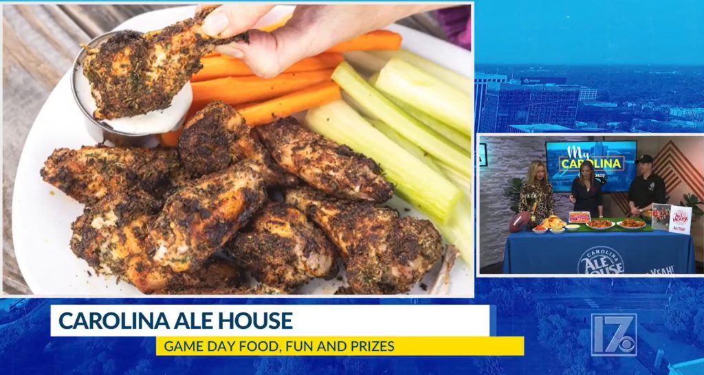 Amber Moshakos and Executive Chef Mike Bickel on MyCarolina showcasing Carolina Ale House's Umami Bombi Fresh Wings